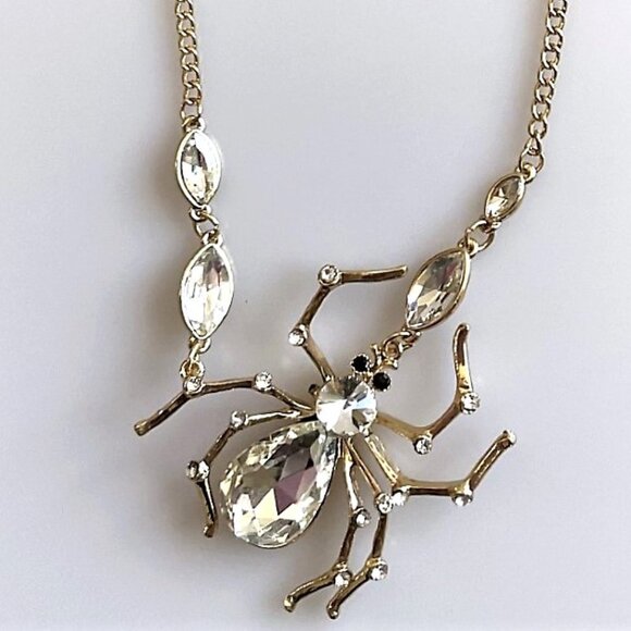 CRYSTAL SPIDER GOTH HALLOWEEN HOLIDAY STATEMENT NECKLACE EARRINGS SET 3D - Picture 6 of 8